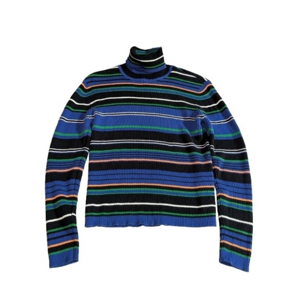 Talbots Sweaters - Talbots Petites Striped Turtleneck Blue Black Green Orange White Cotton P